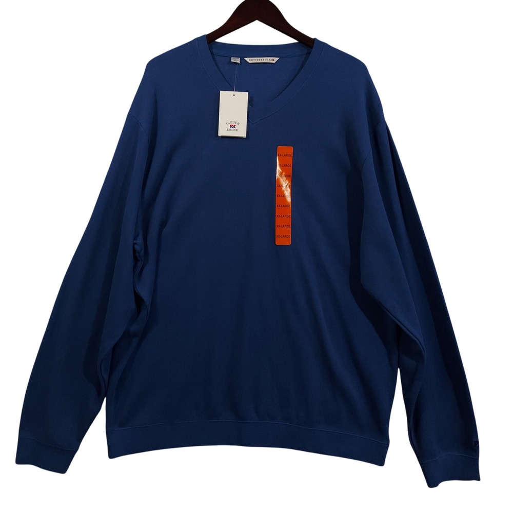 Cutter & Buck Sweater Mens XXL Blue V-Neck Cotton Long Sleeve MCK80664 NEW
